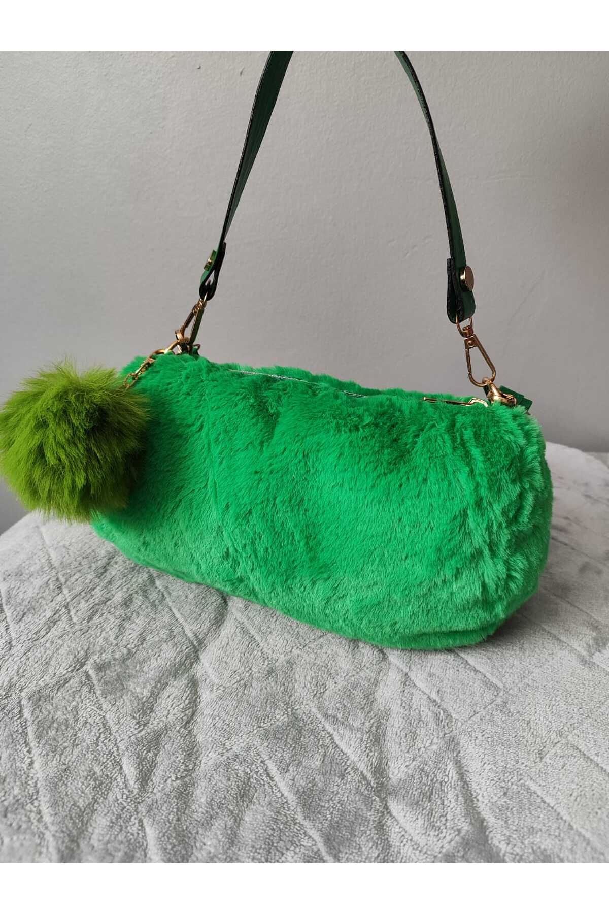 Kadın Yeşil Ponponlu Peluş El Ve Omuz Çantası Sevgililer Gününe Özel Hediye
