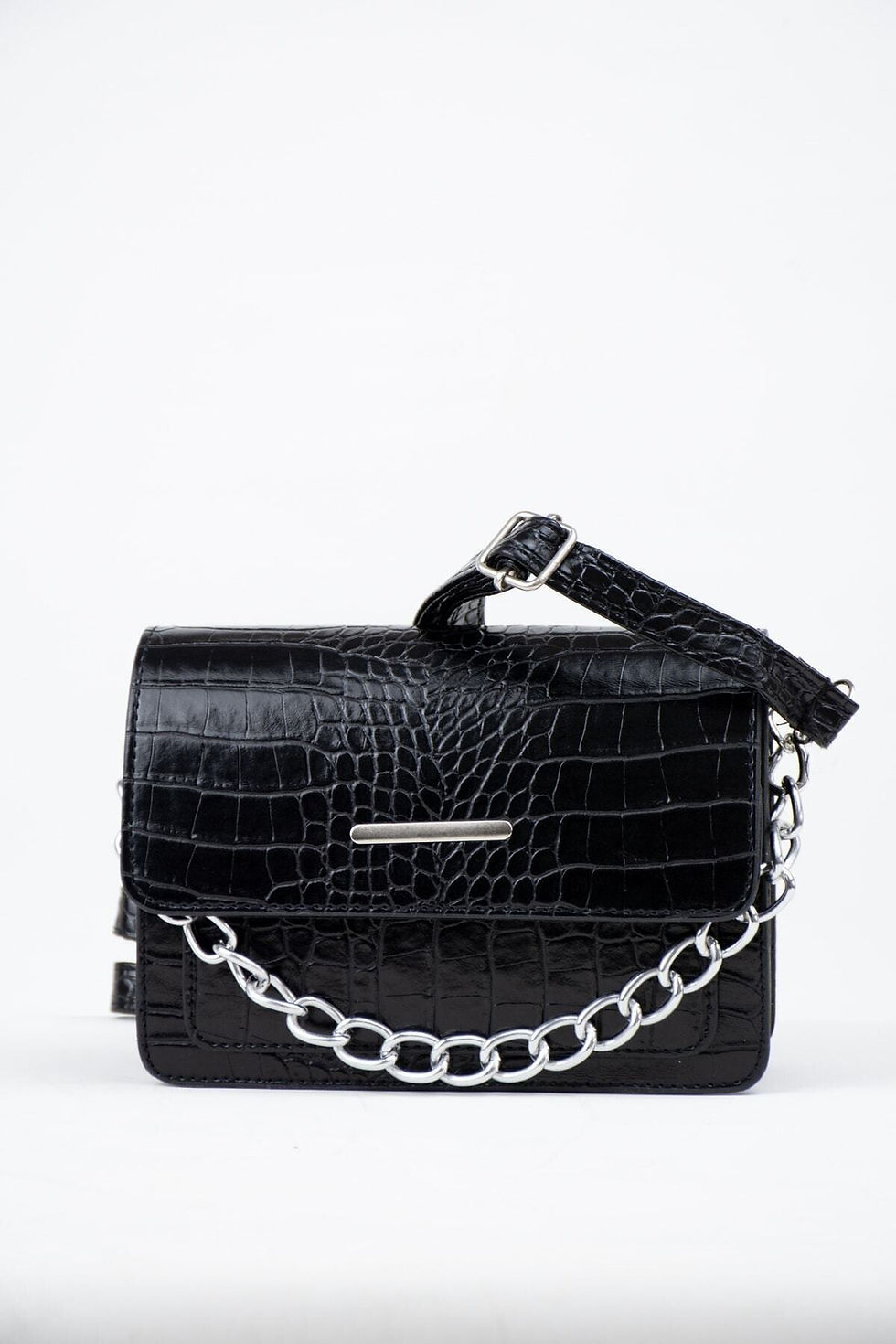 Küçük resim: Siyah Kadın Timsah Desenli Clutch Baget Zincir Askılı Çanta