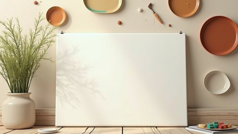 Blank white canvas on wooden floor with various creative art supplies.