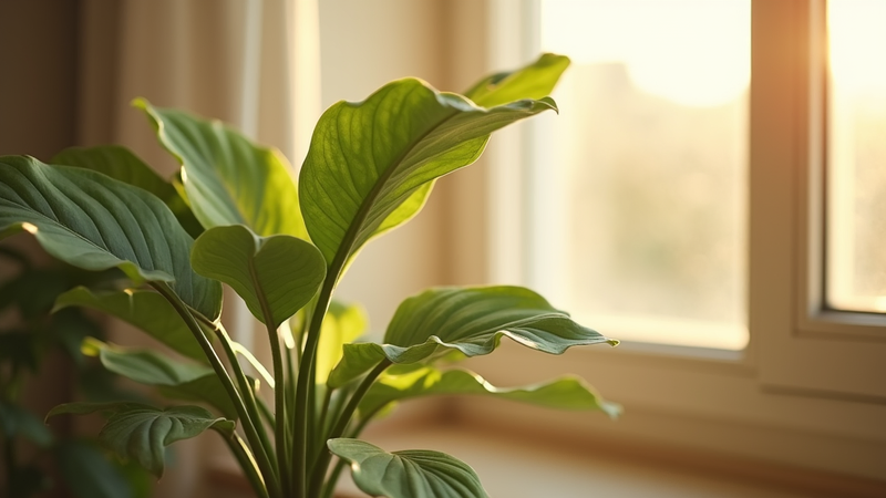 Green houseplant by a sunlit window, warm light, peaceful indoor scene.