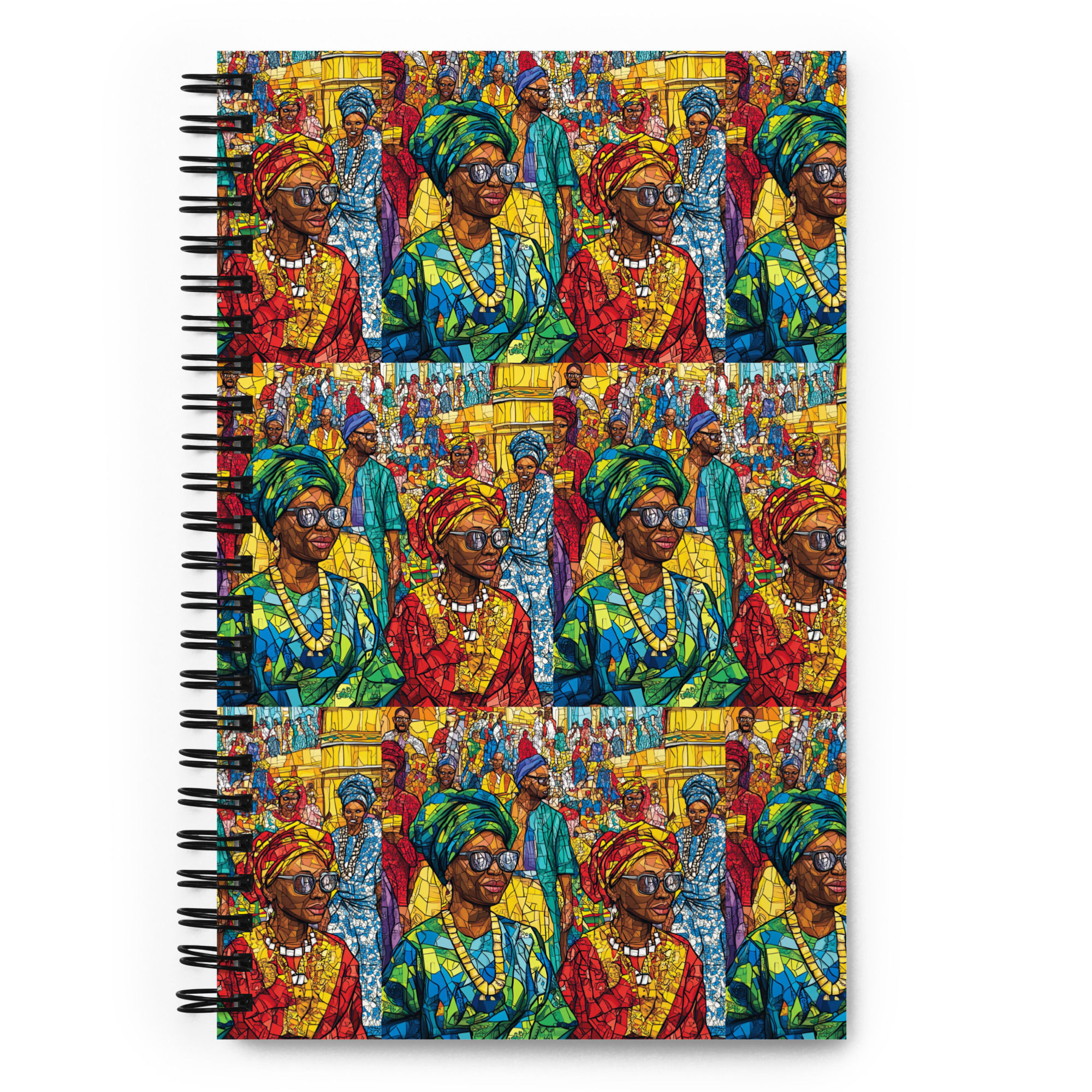 Spiral notebook with repeating mosaic pattern of women in colorful African attire.
