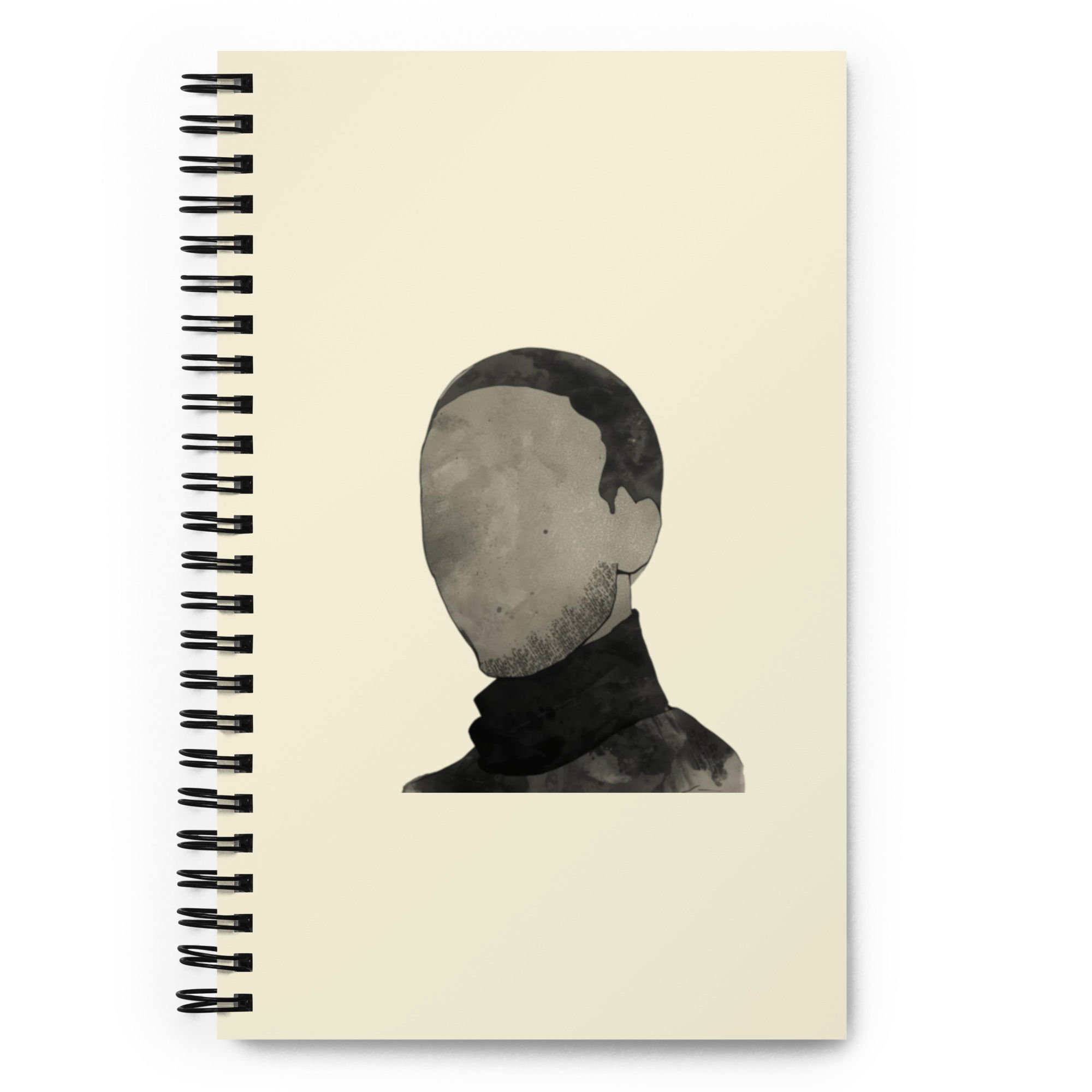 Spiral notebook featuring a faceless dark watercolor silhouette wearing a turtleneck.