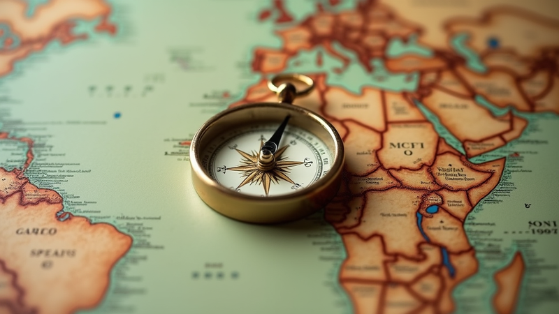 Golden compass accurately pointing direction on a vintage world map.