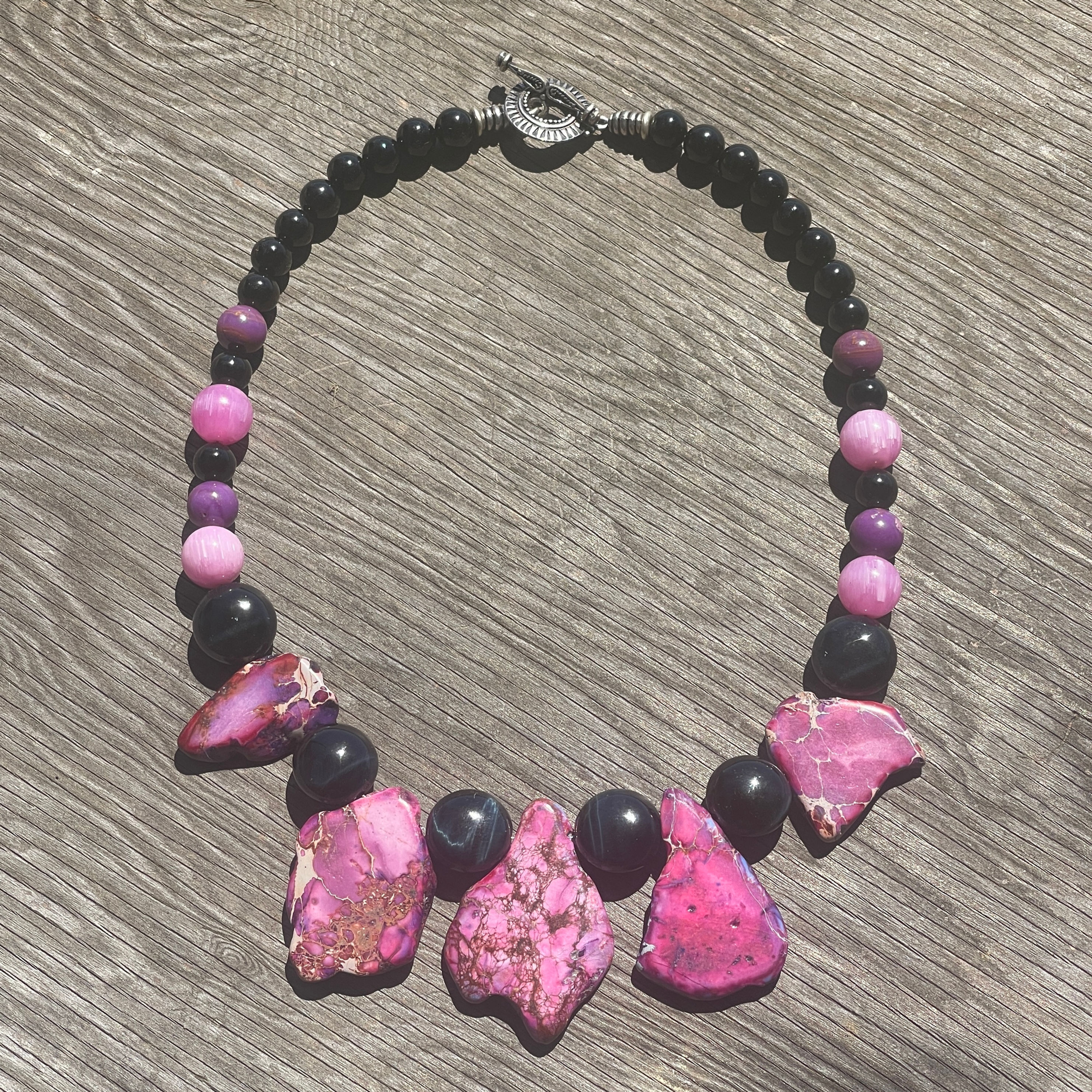 Hot pink heated treated Jasper slab necklace with Blue Tigers eye