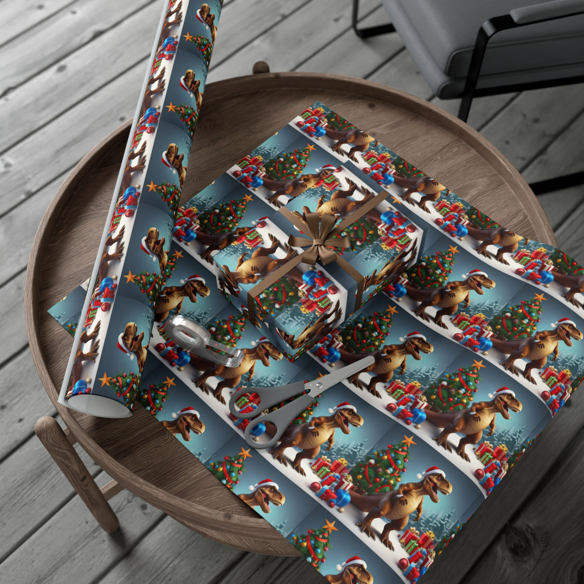 Festive Dino Wrapping Paper – Santa Hat T-Rex with Christmas Tree & Gifts