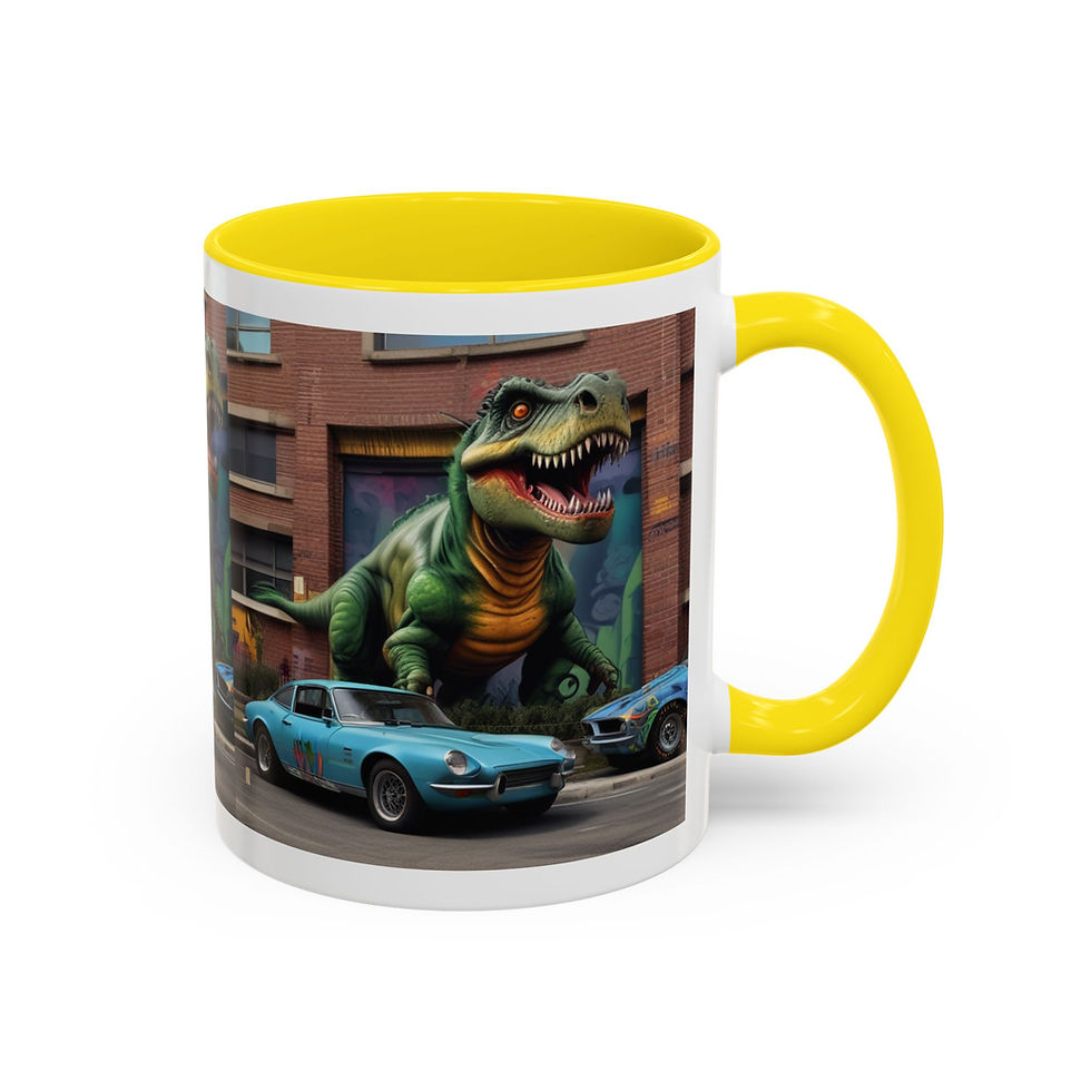 Thumbnail: Speed Meets Roar Mug – T-Rex and Two Blue Sports Cars (11, 15oz)
