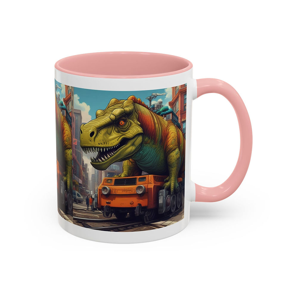Thumbnail: Dino Takeover Mug – Dinosaur on a Tank Conquering the City (11, 15oz)