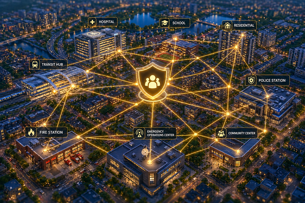 Aerial view of a connected smart city at night with glowing lines linking labeled buildings: hospital, school, police, fire, and more.