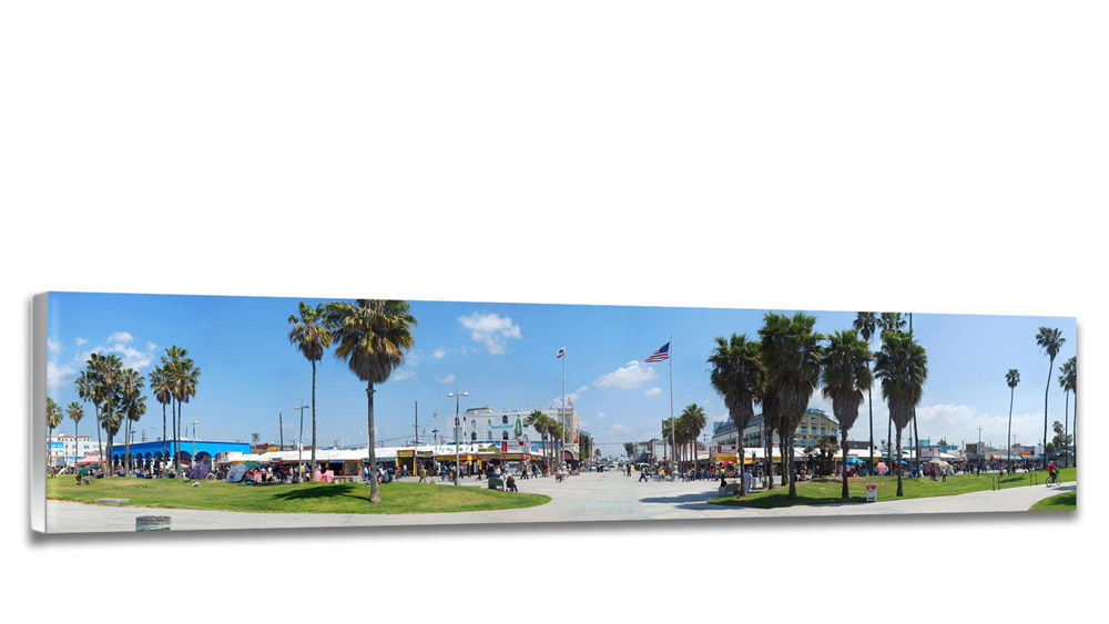 View of the world’s famous Venice Beach boardwalk outdoor market at Windward Ave