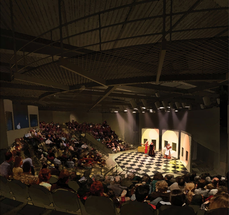A concept image of the Northern Stage at the Barrette Center for the Arts. Looking from house right towards the stage. The venue is fully occupied, and the stage has performers on a basic set.