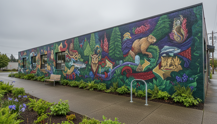 Eye-level view of a neighborhood mural beside a quiet sidewalk.