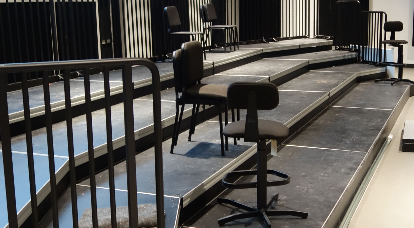 An interior view of the Music Rehearsal Room at the University of Northern Colorado, Greeley. A side view of the riser system.