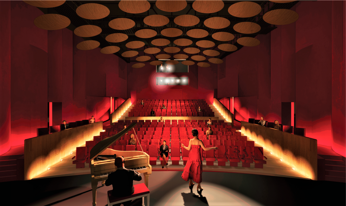 A concept image of the finished Don Powell Theatre at the San Diego State University Arts District. Looking from center stage towards the audience. A singer and piano player are on stage.
