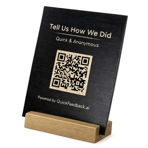 Black QR code feedback sign for business collecting customer feedback in store