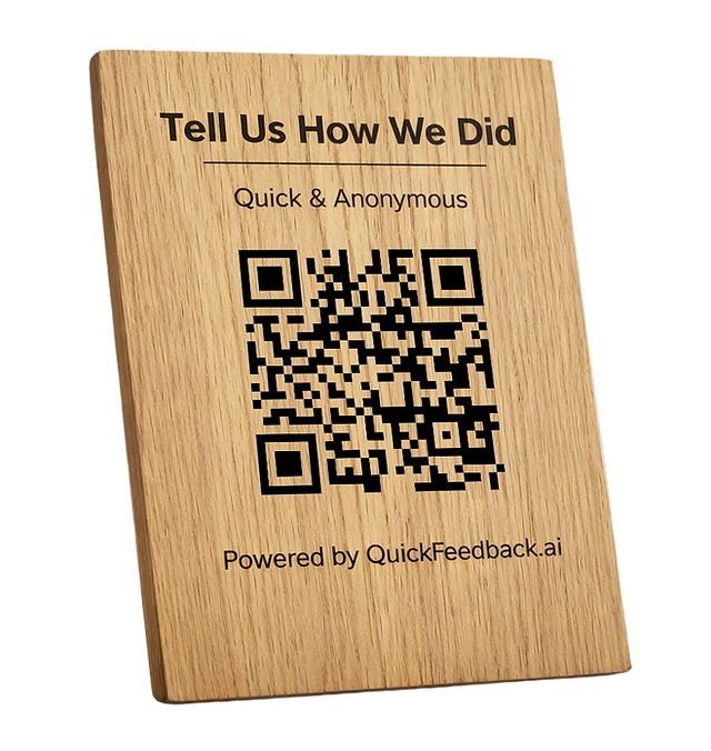 Wood QR code feedback sign for business collecting customer feedback in store