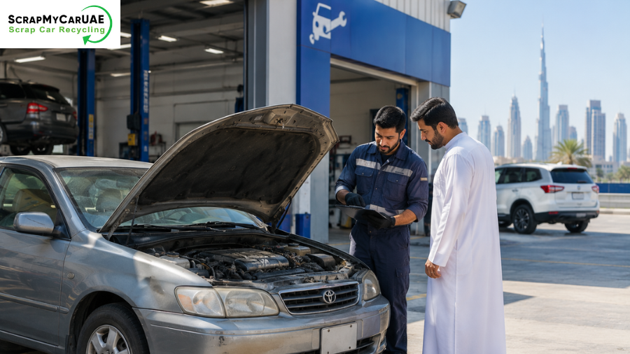 Mechanic inspecting an older car in the UAE to assess its maintenance and repair needs.