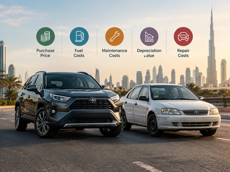 Two cars in front of the Dubai skyline with icons for purchase price, fuel, maintenance, depreciation, and repair costs.