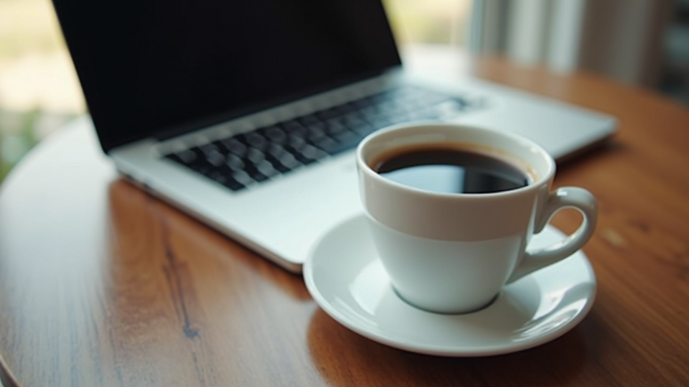 High angle view of a laptop and coffee cup on a table, symbolizing telehealth therapy