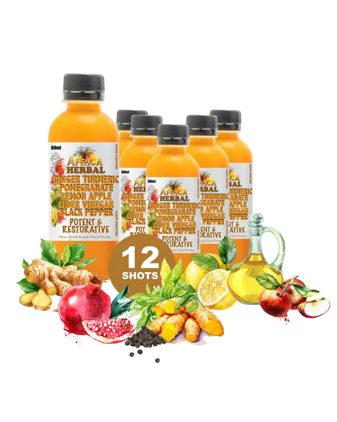 GINGER, TURMERIC, POMEGRANATE, LEMON, APPLE CIDER VINEGAR & B/PEPPER (12X60ml)