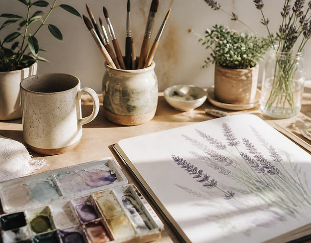 studio desk with art supplies