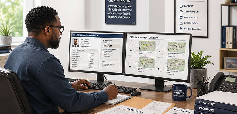 Correctional classification staff reviewing an inmate's intake file, custody level, risk assessment, and facility placement options during the prison reception and intake process.
