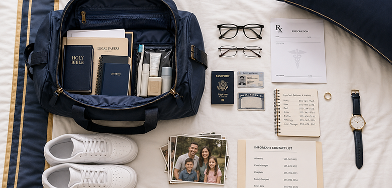Packed prison duffel bag containing approved personal items including legal documents, identification, prescription paperwork, eyeglasses, contact information, family photos, hygiene items, white athletic shoes, and other essentials for self-surrender.