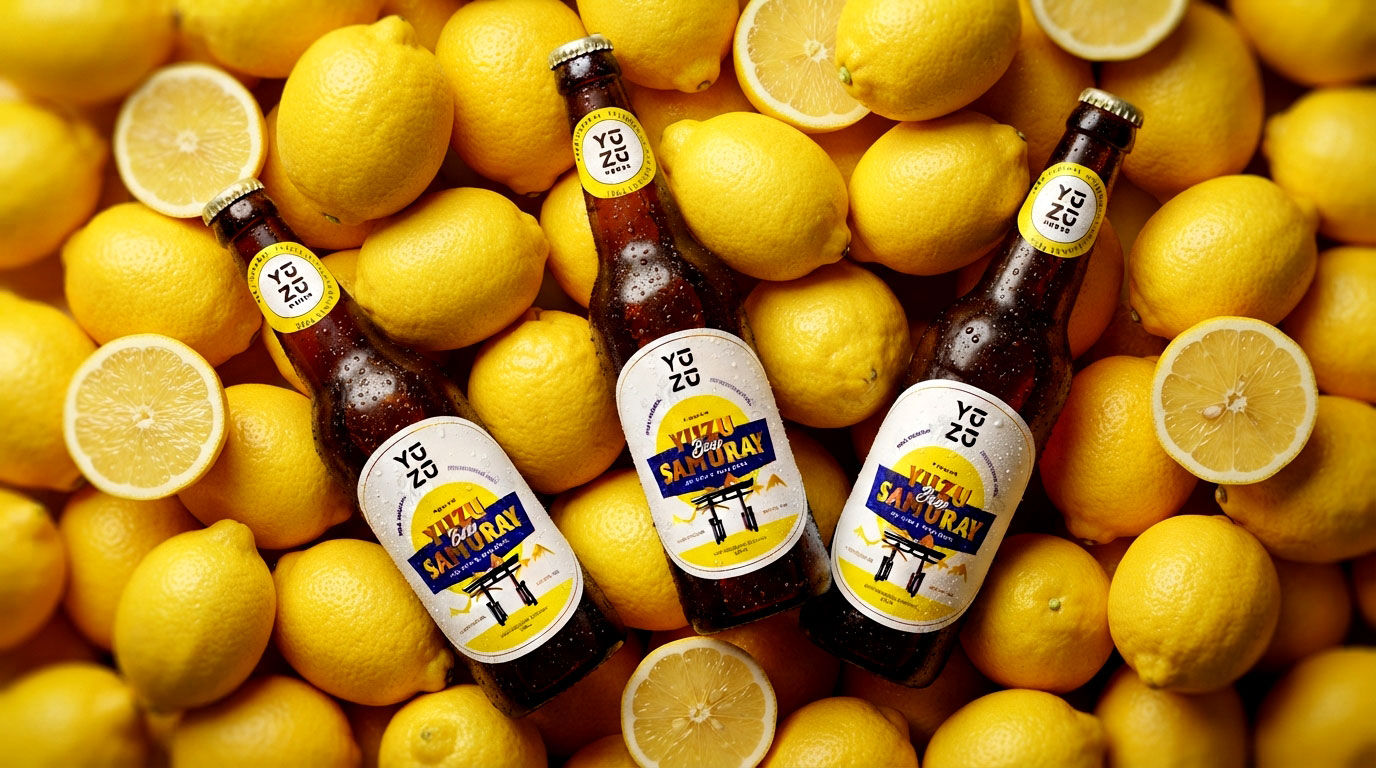 Obalový dizajn fliaš YUZU Fusion radler — Ai generovaný obrázok fliaš medzi citrónmi