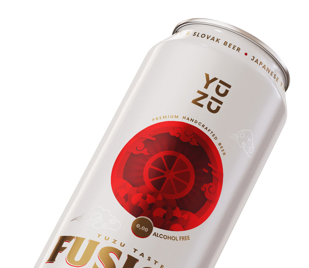YUZU Fusion radler plechovka — produktový dizajn Provoco - detail hornej časti červenej plechovky