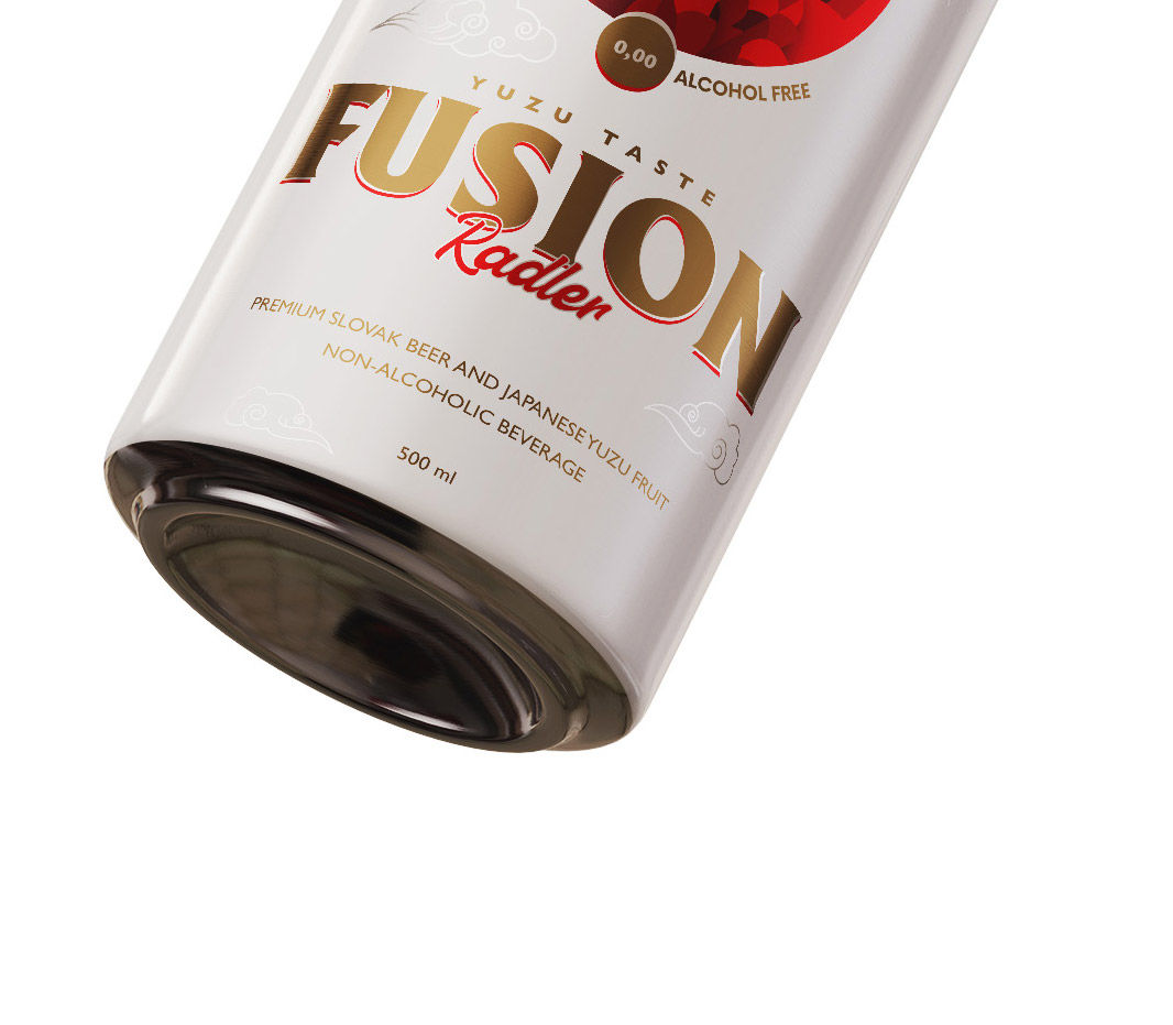 YUZU Fusion radler plechovka — produktový dizajn Provoco - detail spodnej časti červenej plechovky