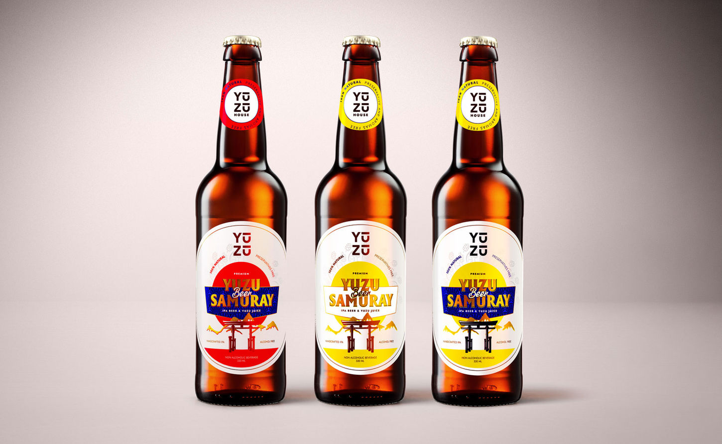 Obalový dizajn YUZU Fusion radler — detail fľaše s tromi rôznymi etiketami