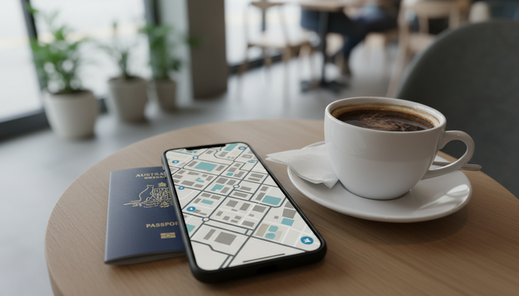 Close-up of a phone showing a travel map on a café table with a passport and coffee nearby.