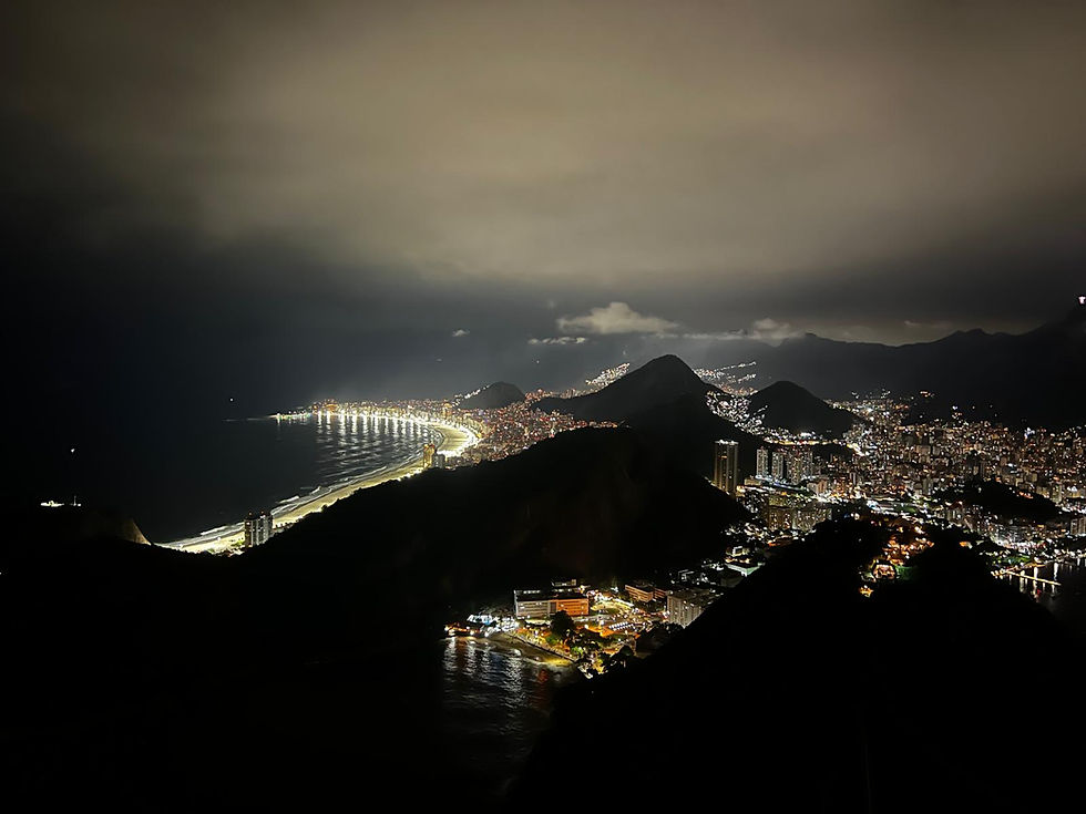 Sugarloaf Mountain view of Rio's cityscape at night with glowing coastal lights along a curving shoreline, mountains in the background, and cloudy sky overhead. Calm atmosphere.