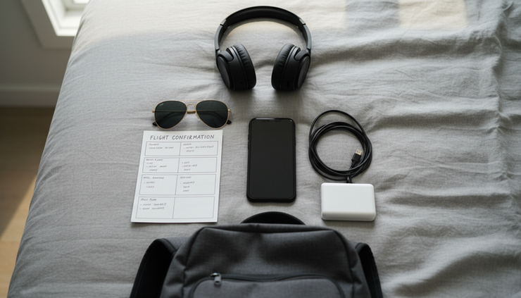 High-angle view of travel essentials with a phone, charger, headphones, and folded itinerary.