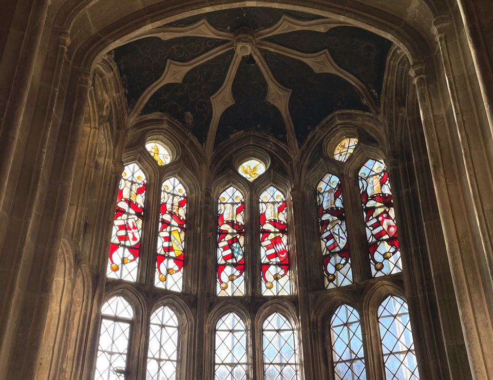 6 generations of marriage displayed in the ancient Tudor stained glass.