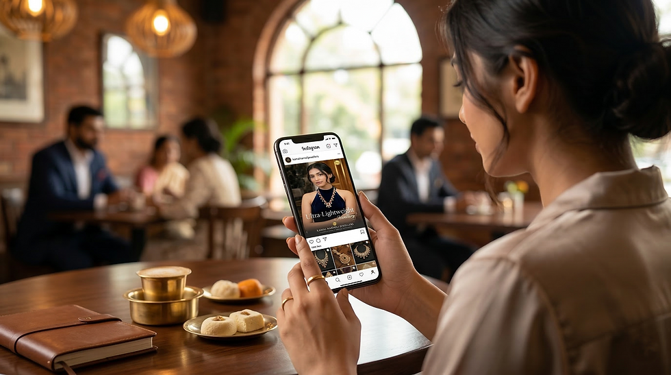 a girl sitting in a restaurant and scrolling instagram on mobile and watching lightweight gold jewellery collections