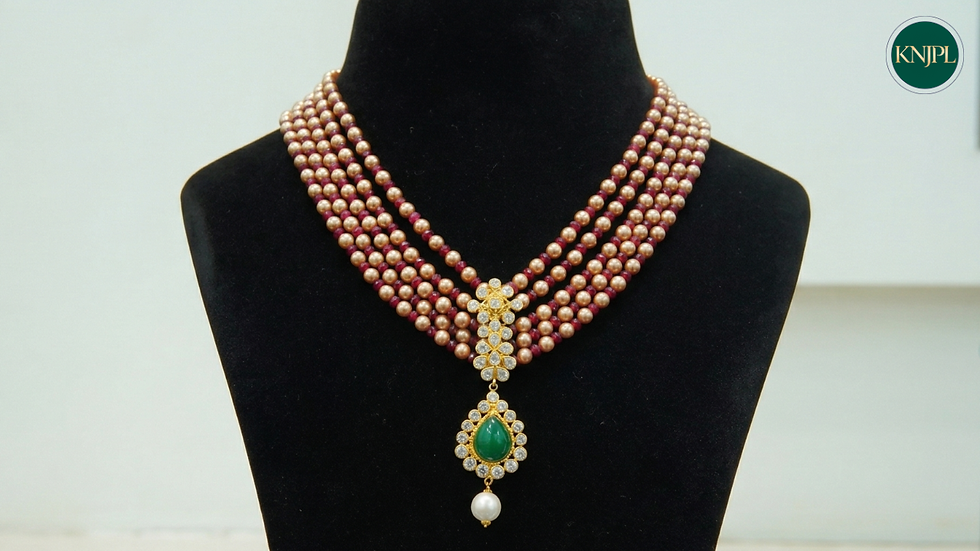 Lightweight gold necklace with multi-layer gold beads, kundan detailing, green teardrop pendant, and pearl drop – premium fast-selling jewellery design for retailers and wholesalers