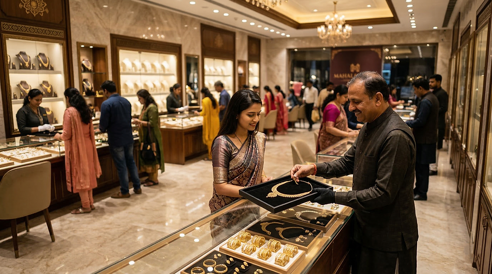 a happy jewellery shop owner showcase their jewellery to one customer