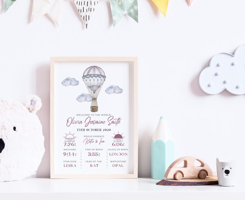 Personalised Hot Air Balloon New Baby Birth Details Print | Squiggle ...