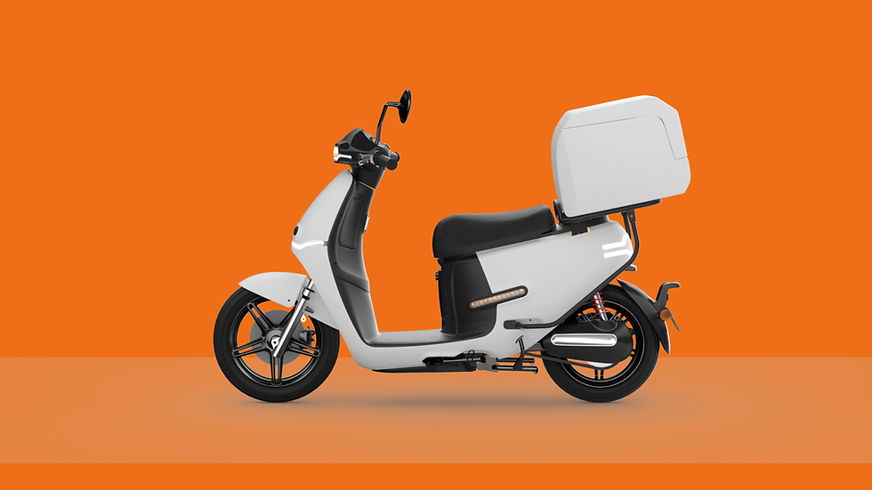 A white Horwin EK1 DS electric motorcycle with a topbox.