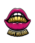 A bold Hope Holidae logo featuring glossy pink lips with gold teeth, paired with the Hope Holidae name in a stylish script.