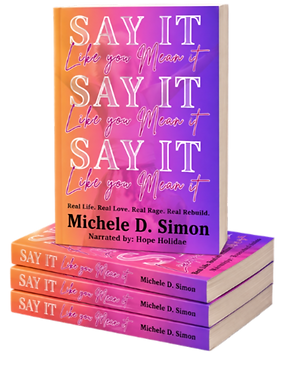 A product image featuring the Say It Like You Mean It journal by Michele D. Simon, displayed upright with additional copies stacked beneath it. The vibrant orange, pink, and purple cover reflects the journal’s bold approach to storytelling, reflection, and healing.