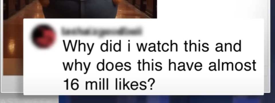 Text overlay on blurred image asks, "Why did I watch this and why does this have almost 16 mill likes?" Background shows a brown pattern.