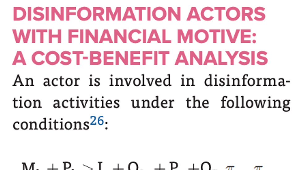Text reads: "DISINFORMATION ACTORS WITH FINANCIAL MOTIVE: A COST-BENEFIT ANALYSIS" followed by mathematical conditions.