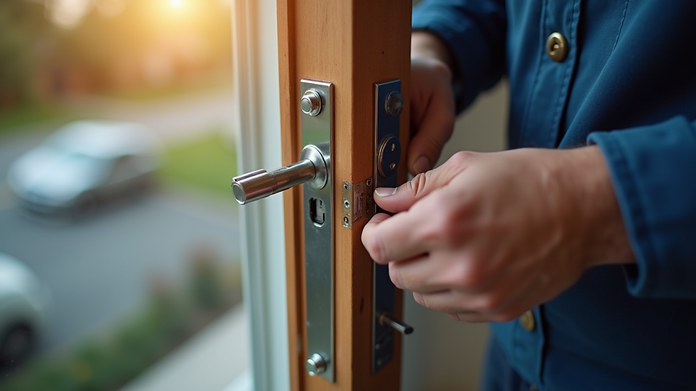 High angle view of a locksmith installing a new door lock