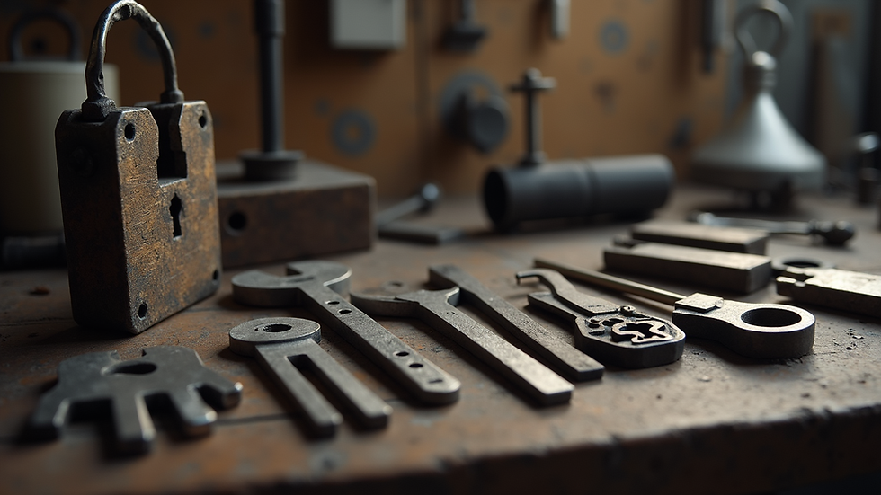 Close-up view of locksmith tools arranged on a workbench