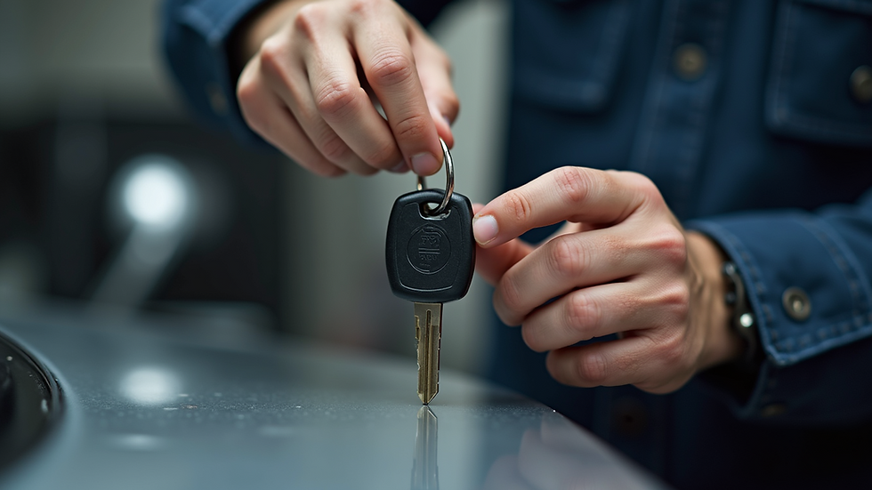 Close-up view of a locksmith cutting a car key
