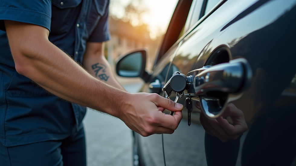 Eye-level view of a locksmith unlocking a car door with professional tools