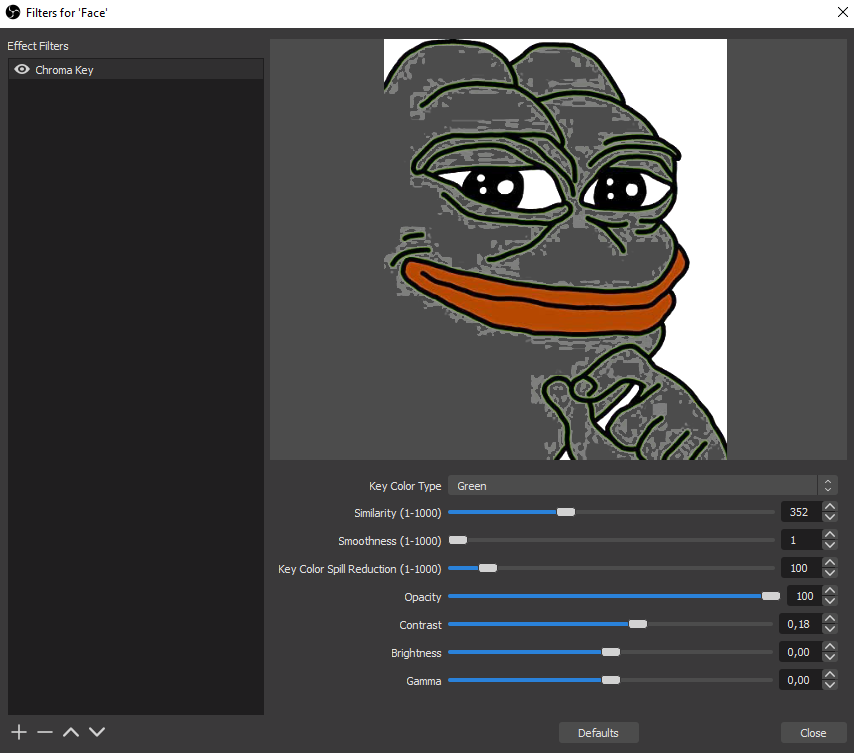 Chroma key settings in OBS