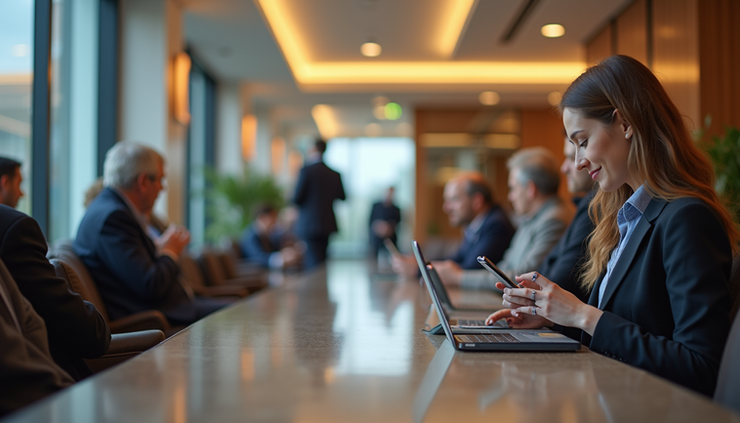 Eye-level view of a modern hotel lobby with multiple guests using wifi on their devices