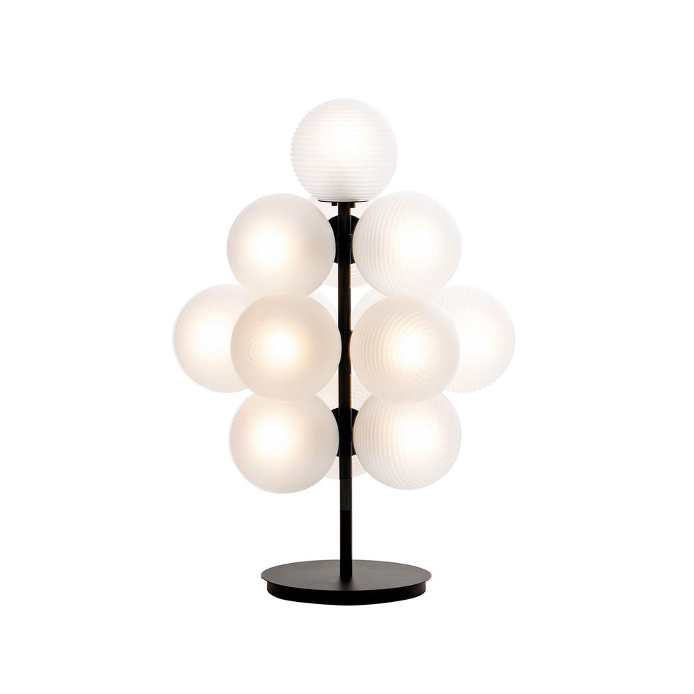 Modern black table lamp with multiple frosted glass globe shades